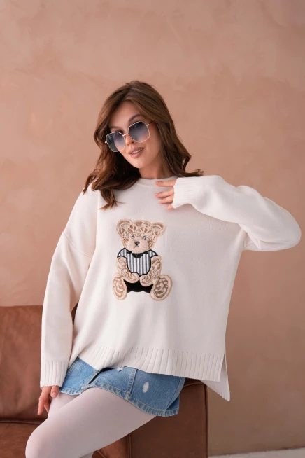 Kadın Bisiklet Yaka Aplikeli Arkası Uzun Salaş Triko Kazak