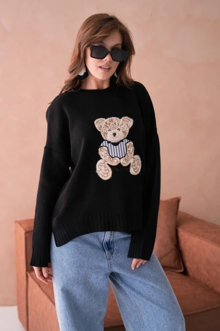 Kadın Bisiklet Yaka Aplikeli Arkası Uzun Salaş Triko Kazak