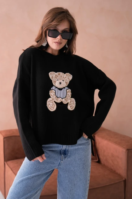 Kadın Bisiklet Yaka Aplikeli Arkası Uzun Salaş Triko Kazak