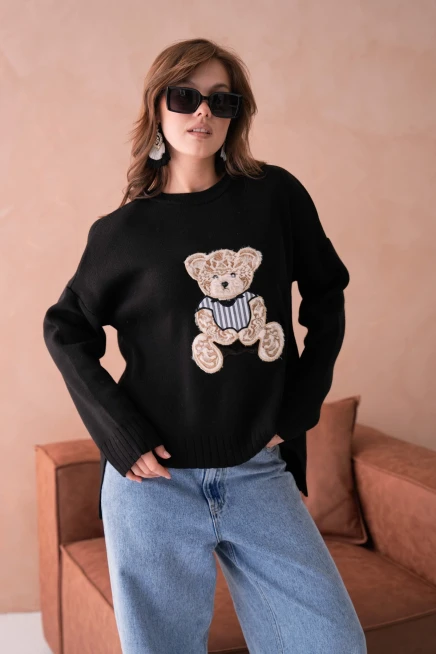 Kadın Bisiklet Yaka Aplikeli Arkası Uzun Salaş Triko Kazak