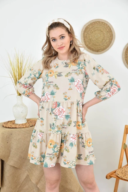Bisiklet Yaka Çiçek Desenli Volanlı Dokuma Elbise