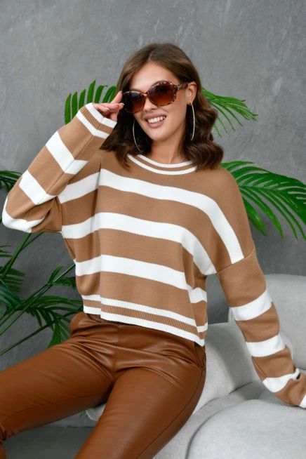 Kadın Bisiklet Yaka Çizgili Salaş Triko Kazak