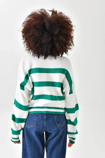 Kadın Bisiklet Yaka Çizgili Salaş Triko Kazak