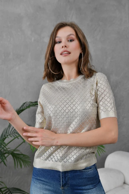 Kadın Bisiklet Yaka Dokulu Triko Kazak