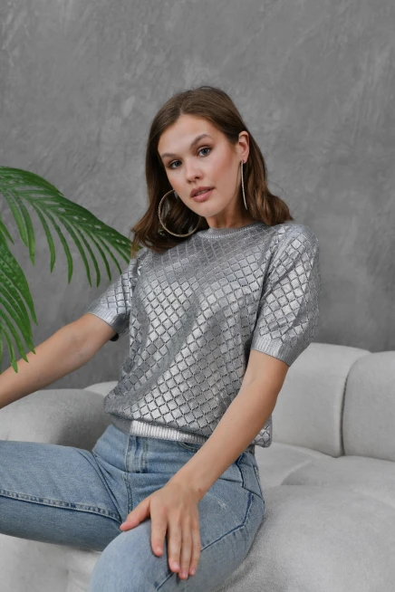 Kadın Bisiklet Yaka Dokulu Triko Kazak