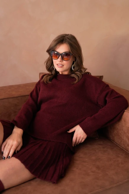 Kadın Bisiklet Yaka Etekli İkili Triko Takım