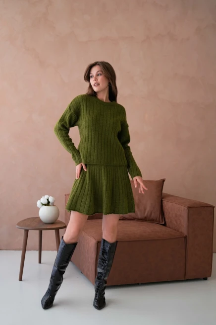 Kadın Bisiklet Yaka Etekli İkili Triko Takım