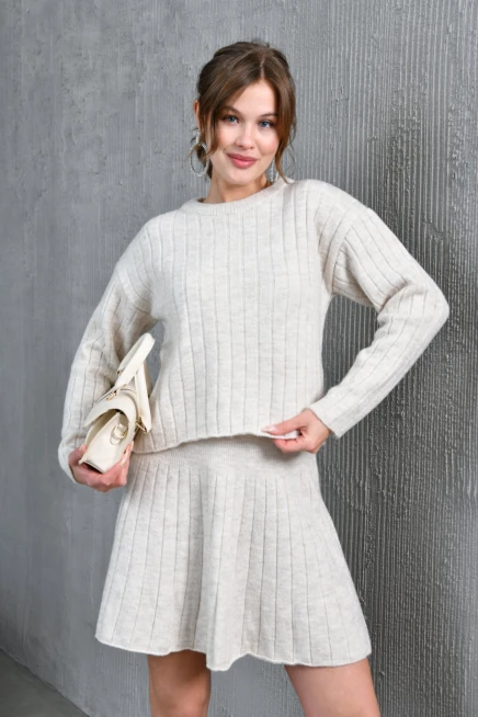 Kadın Bisiklet Yaka Etekli İkili Triko Takım