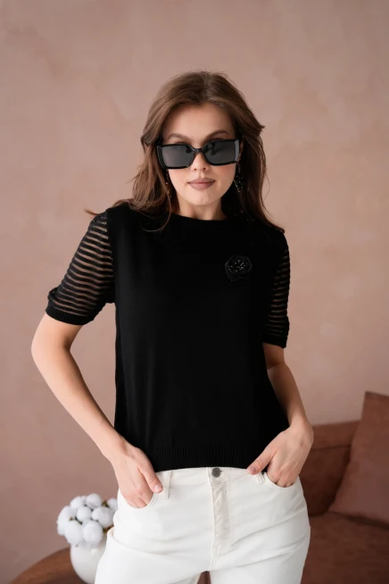 Kadın Bisiklet Yaka Gül Detay Kısa Kol Triko Kazak