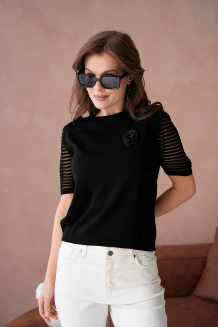 Kadın Bisiklet Yaka Gül Detay Kısa Kol Triko Kazak