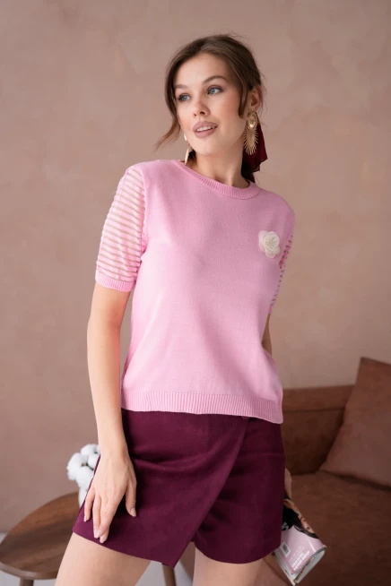 Kadın Bisiklet Yaka Gül Detay Kısa Kol Triko Kazak