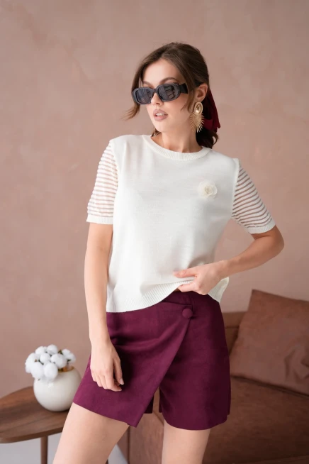 Kadın Bisiklet Yaka Gül Detay Kısa Kol Triko Kazak