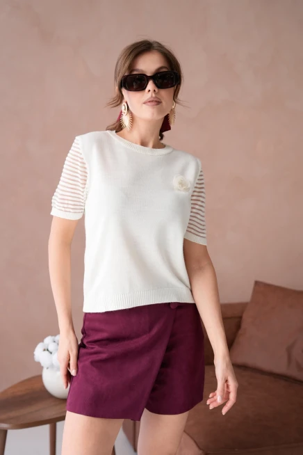 Kadın Bisiklet Yaka Gül Detay Kısa Kol Triko Kazak