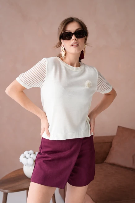 Kadın Bisiklet Yaka Gül Detay Kısa Kol Triko Kazak