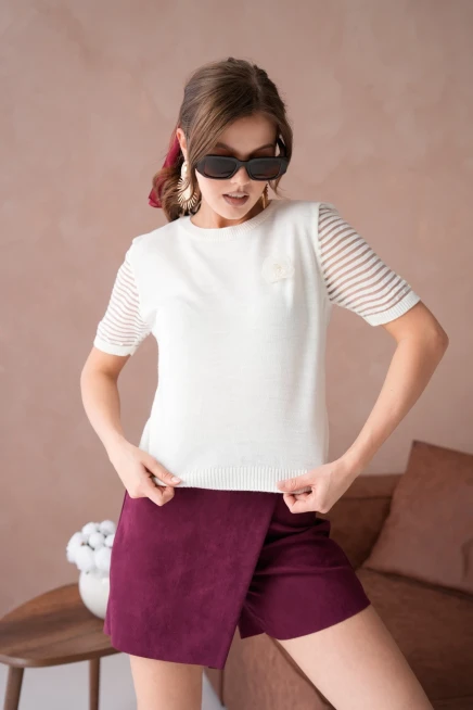 Kadın Bisiklet Yaka Gül Detay Kısa Kol Triko Kazak