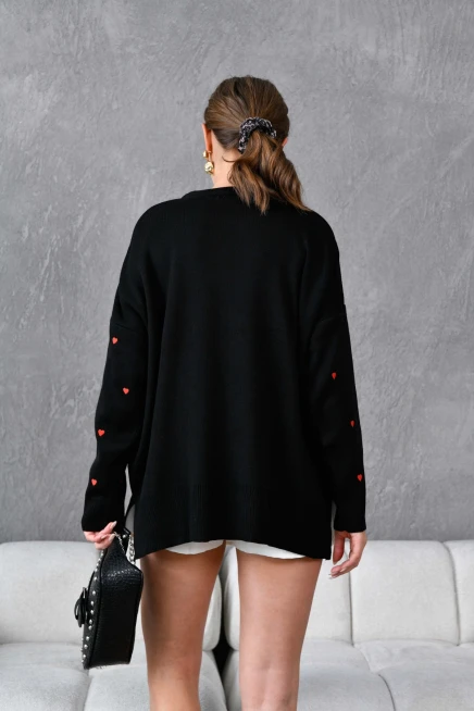 Kadın Bisiklet Yaka Kalp İşlemeli Yırtmaçlı Salaş Triko Kazak