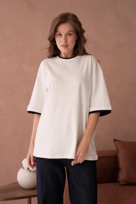 Bisiklet Yaka Kumaş Garnili Salaş Basic T-Shirt