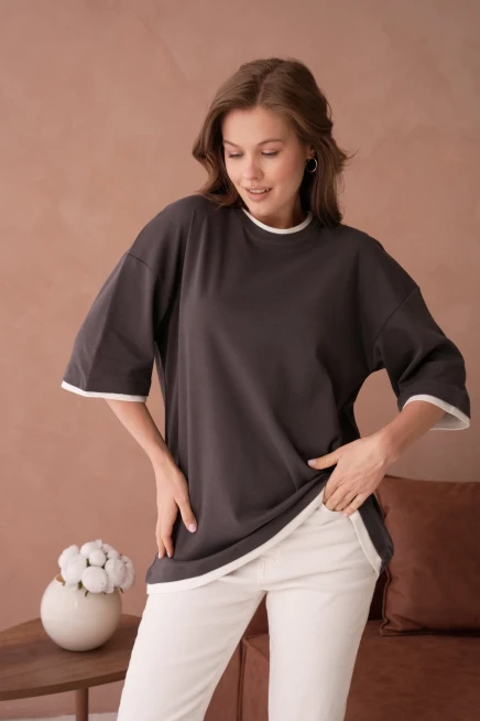 Bisiklet Yaka Kumaş Garnili Salaş Basic T-Shirt