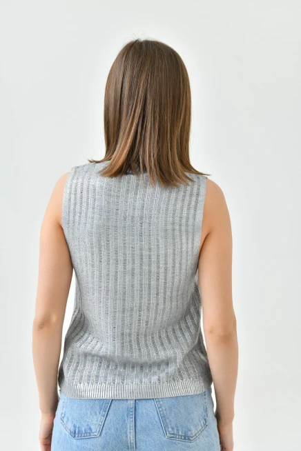 Kadın Bisiklet Yaka Lurex Kolsuz Triko Bluz