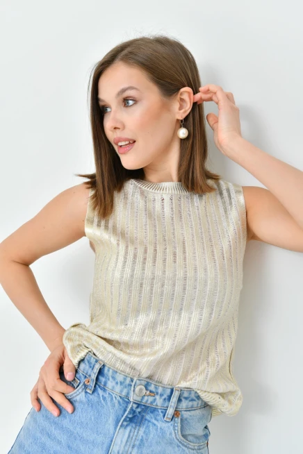 Kadın Bisiklet Yaka Lurex Kolsuz Triko Bluz