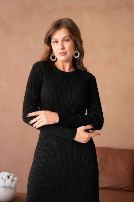 Kadın Bisiklet Yaka Lurex Uzun Triko Elbise