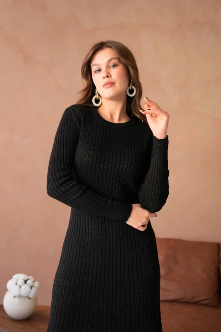 Kadın Bisiklet Yaka Lurex Uzun Triko Elbise