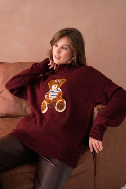 Kadın Bisiklet Yaka Nakış Detaylı Salaş Triko Kazak