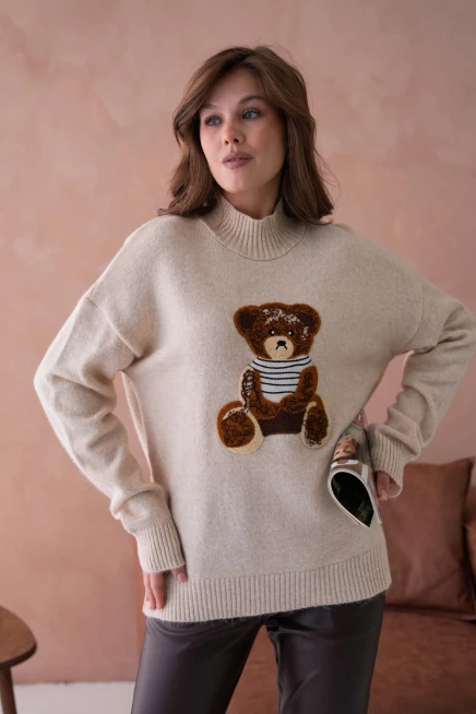 Kadın Bisiklet Yaka Nakış Detaylı Salaş Triko Kazak