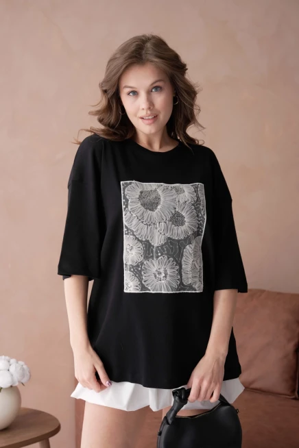 Bisiklet Yaka Ön Yüzü Tül Detaylı Oversize Kalıp Basic T-Shirt