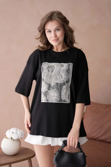 Bisiklet Yaka Ön Yüzü Tül Detaylı Oversize Kalıp Basic T-Shirt