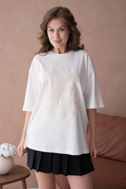 Bisiklet Yaka Ön Yüzü Tül Detaylı Oversize Kalıp Basic T-Shirt