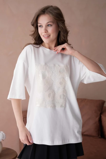 Bisiklet Yaka Ön Yüzü Tül Detaylı Oversize Kalıp Basic T-Shirt