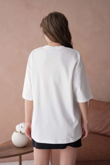 Bisiklet Yaka Ön Yüzü Tül Detaylı Oversize Kalıp Basic T-Shirt