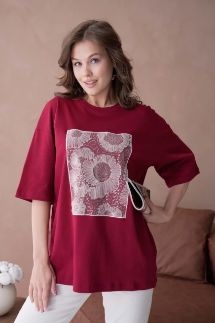 Bisiklet Yaka Ön Yüzü Tül Detaylı Oversize Kalıp Basic T-Shirt