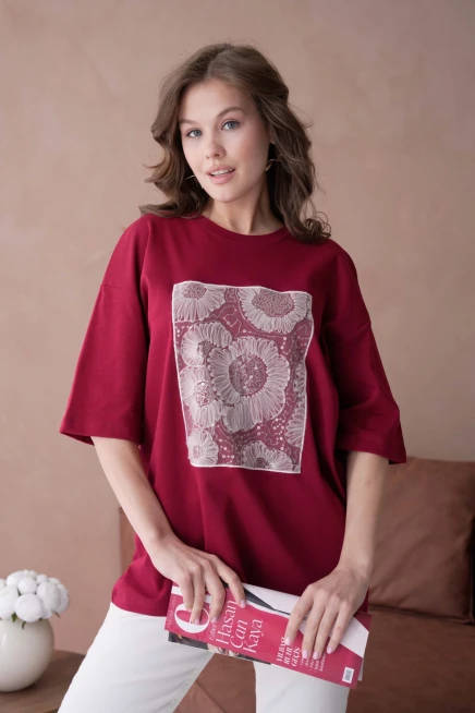 Bisiklet Yaka Ön Yüzü Tül Detaylı Oversize Kalıp Basic T-Shirt