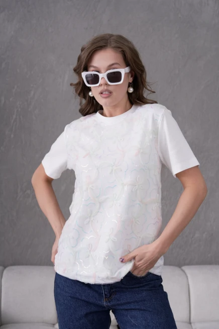 Bisiklet Yaka Önyüzü Tül Dantel Giydirmeli Basic T-Shirt