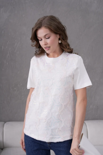 Bisiklet Yaka Önyüzü Tül Dantel Giydirmeli Basic T-Shirt