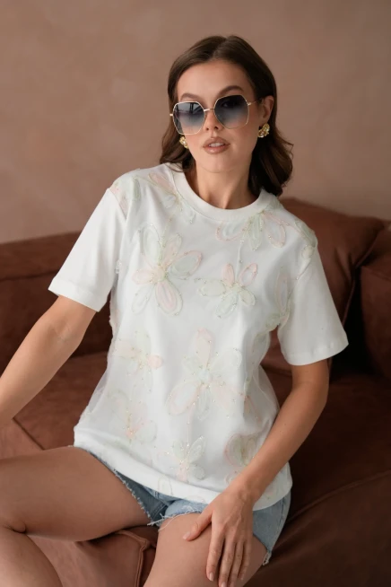 Bisiklet Yaka Önyüzü Tül Dantel Giydirmeli Basic T-Shirt