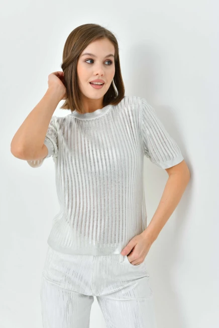 Kadın Bisiklet Yaka Örgü Detay Varaklı Triko Kazak