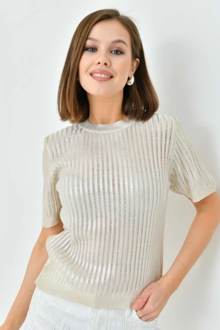 Kadın Bisiklet Yaka Örgü Detay Varaklı Triko Kazak