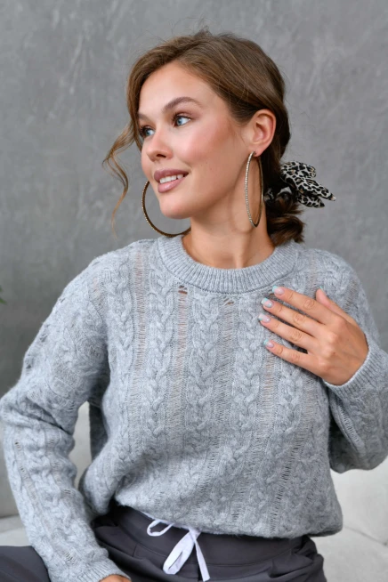 Kadın Bisiklet Yaka Saç Örgü Triko Kazak