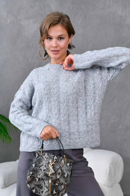 Kadın Bisiklet Yaka Saç Örgü Triko Kazak