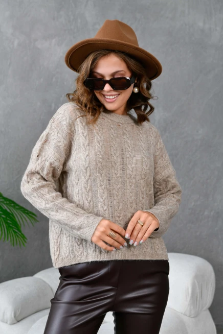 Kadın Bisiklet Yaka Saç Örgü Triko Kazak