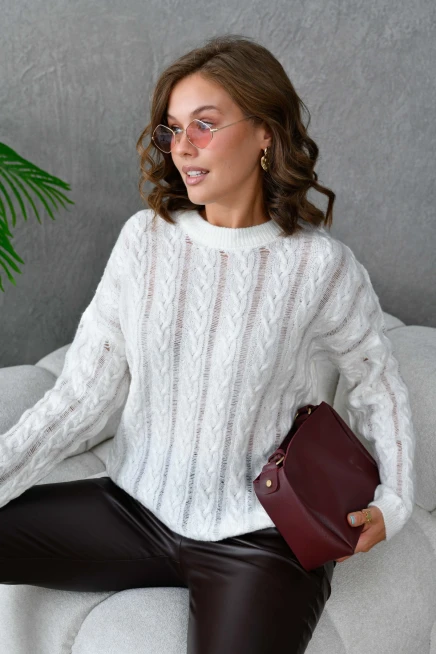 Kadın Bisiklet Yaka Saç Örgü Triko Kazak