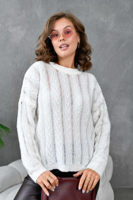 Kadın Bisiklet Yaka Saç Örgü Triko Kazak