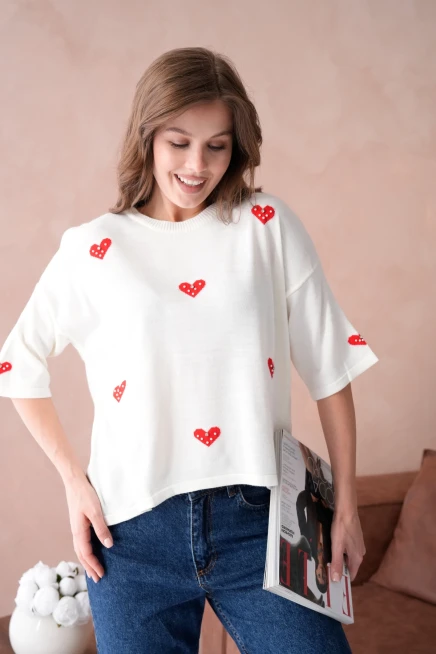 Kadın Bisiklet Yaka Taş İşlemeli Salaş Triko Kazak