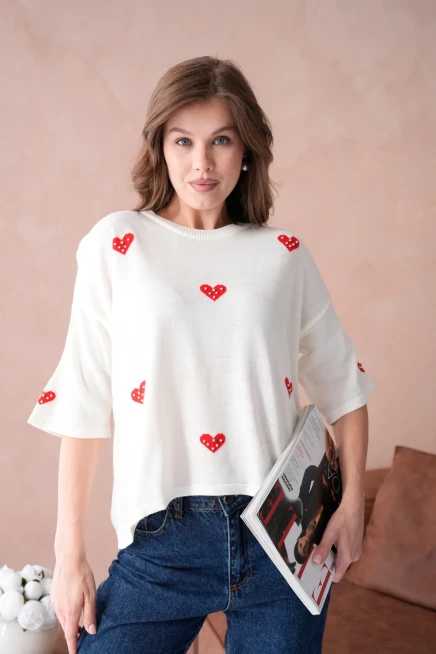 Kadın Bisiklet Yaka Taş İşlemeli Salaş Triko Kazak