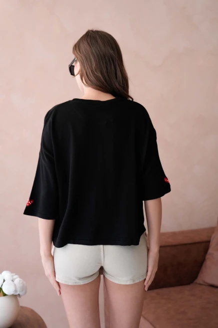 Kadın Bisiklet Yaka Taş İşlemeli Salaş Triko Kazak