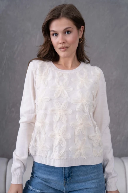 Bisiklet Yaka Tül Detaylı Aplikeli Triko Kazak