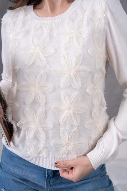 Bisiklet Yaka Tül Detaylı Aplikeli Triko Kazak